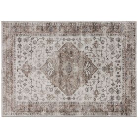HOMCOM 8x10 Area Rug, Vintage Machine Washable Rug, Non-Slip Floor Carpet for Living Room, Bedroom, Dining Room, Tan