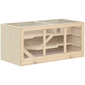 Hamster Cage 3 Tiers Wooden Big Habitat Mice Rat Exercise Play House Pen Opening Roof Ramps (Color: Beige)