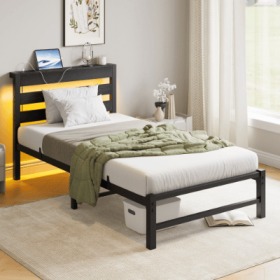 Twin Size Bed Frame Heavy Duty Platform Bed Frame With Headboard, USB Charging Station, LED Bed, No Box Spring Needed, Mattress Foundation, Stron (Option: Color Black)